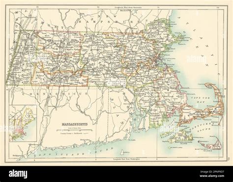 Massachusetts state map showing counties. BARTHOLOMEW 1898 old antique ...