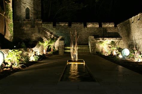 Water Feature, Dramatic Garden Lighting | Water features, Garden ...