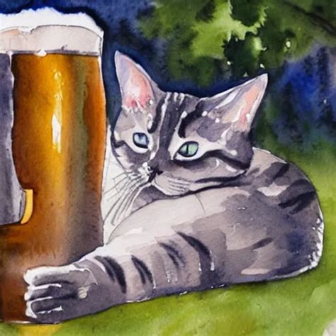 a watercolor painting of a cat drinking a beer outside | Stable Diffusion