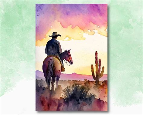 Cowboy Sunset Art Print Americana Watercolor Painting Rodeo Poster or ...