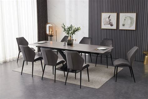 Extending Grey Ceramic Dining Table With 8 Grey Velvet Chairs Tables & Chairs - Teak root ...