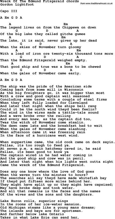 Song Lyrics with guitar chords for Wreck Of The Edmund Fitzgerald ...