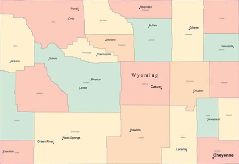 Multi Color Wyoming Map with Counties, Capitals, and Major Cities