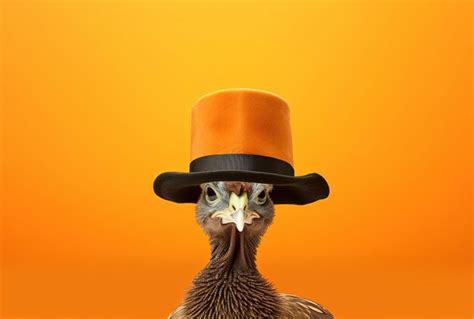 Premium Photo | A cartoon turkey in a pilgrim hat on an orange background