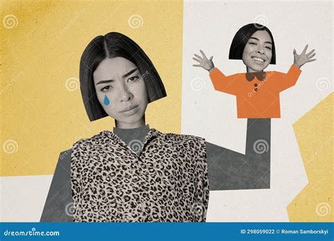 Artwork Collage Picture Of Depressed Lady Showing People Fake Happy Emotion Isolated Drawing ...