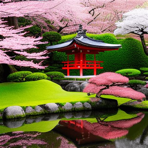 Japanse tuin met kersenbloesem en tempel · Creative Fabrica