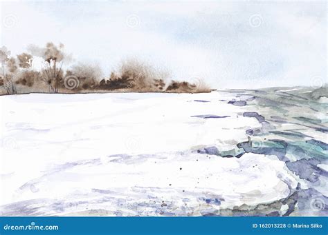 Abstract Winter Landscape of Forest and Snowy Field. Hand Drawn ...