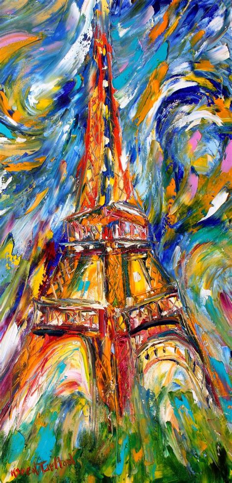 Eiffel Tower Starry Night abstract painting in oil palette knife ...