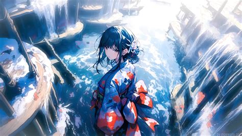 Anime Girl Waterfalls Live Wallpaper - MoeWalls