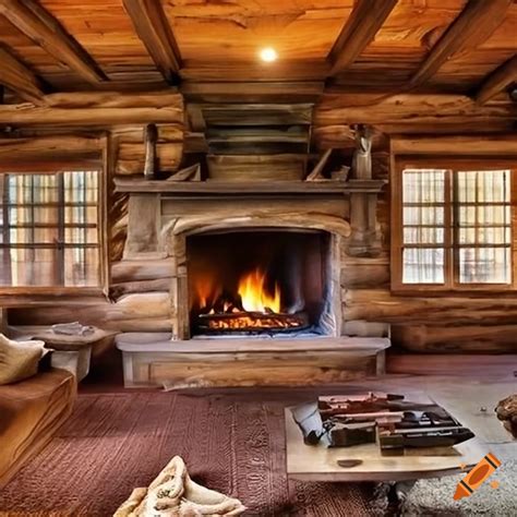 Cabin fireplace couch table large room windows