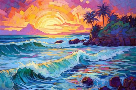 Premium AI Image | A painting of a beach with a sunset and palm trees.