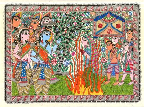 Original handmade kanchni style madhubani painting ram sita wedding ramayan art Painting Ink Art ...