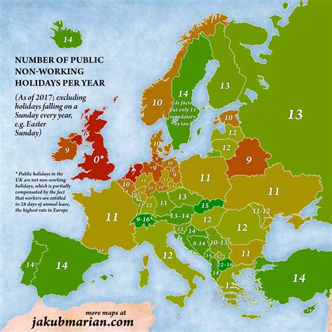 Number of public holidays by country in Europe