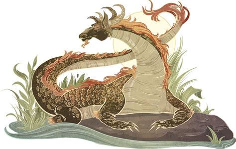 a drawing of a dragon sitting on top of a rock in the water with its mouth open