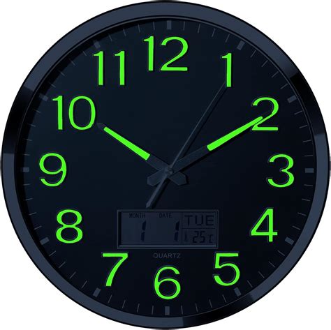 Plumeet Night Light Wall Clock, 14’’ Large Bedroom Wall Clocks with Glowing LCD Display, Silent ...