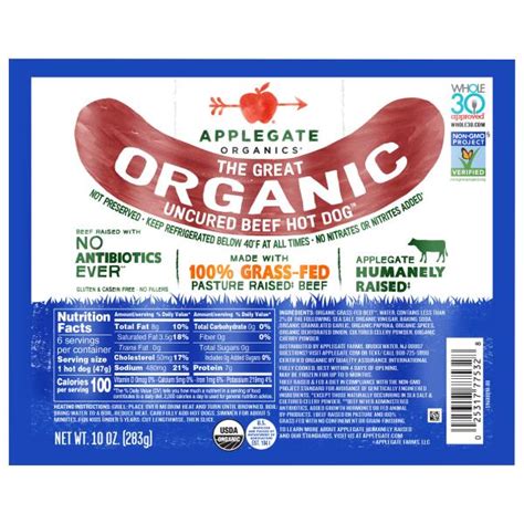 Applegate Organics Hot Dog, Organic, Beef, Uncured | Publix Super Markets