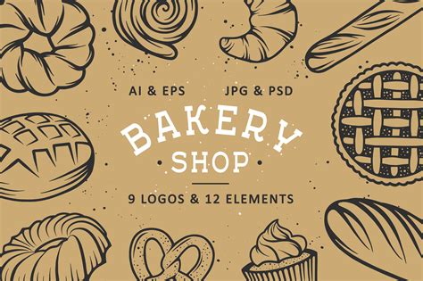 bakery shop logos and emblems with hand drawn bread, pies, loaves