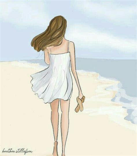 a drawing of a woman walking on the beach