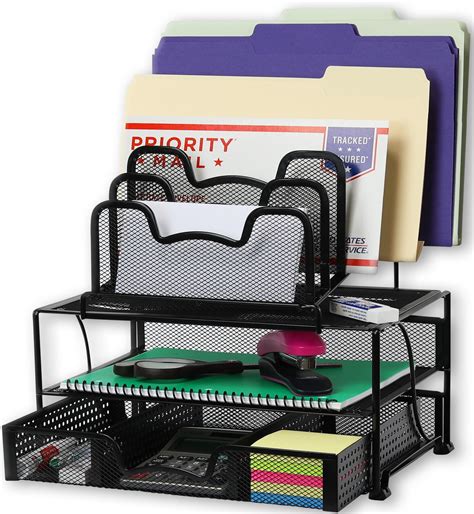 Simple Houseware Mesh Desk Organizer with Sliding Drawer, Double Tray ...