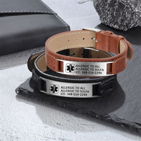 Custom Medical Alert Bracelet for Men 2 Colors Engraved Leather & Steel Bracelet Emergency ...