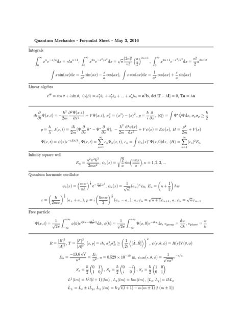 Quantum Mechanics Formula Sheet