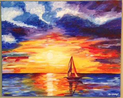 Sunset Over Water and Boat Painting by PinkPugCreations on Etsy