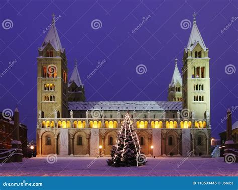 Four Tower Cathedral in Pecs, Hungary Editorial Image - Image of night ...