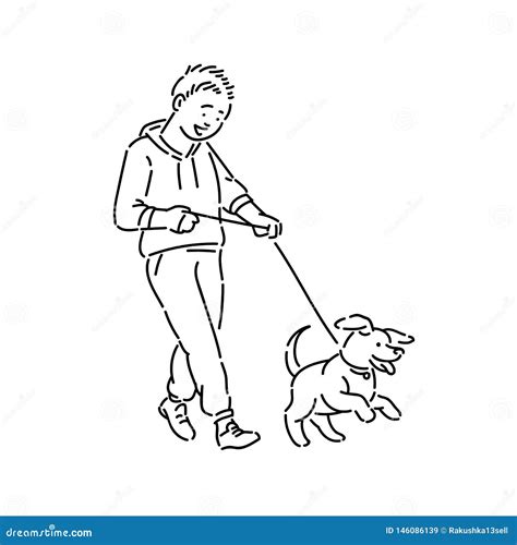 Boy Walking Dog Puppy On Leash. Promenade With Pet Line Art Style ...