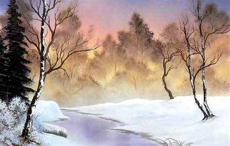 Wallpaper winter, forest, snow, trees, lights, dawn, shore, ice, picture, morning, painting, the ...