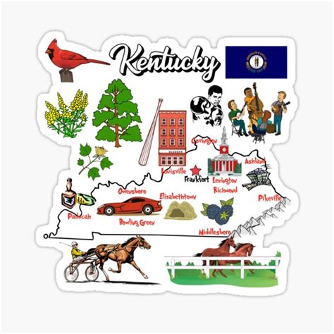 "illustrated Map of Kentucky state in US with major Cities, symbols, attractions" Sticker for ...