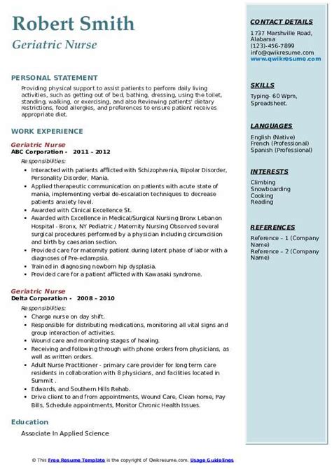 Geriatric Nurse Resume Samples | QwikResume