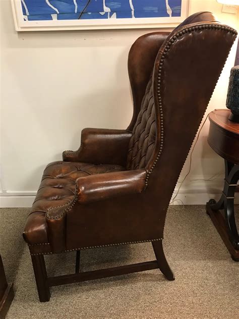 English Brown Leather Tufted Chesterfield Wingback Chair at 1stDibs