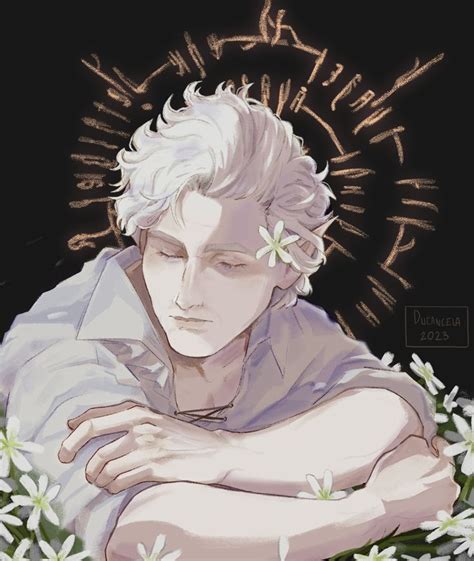 a drawing of a man with white hair and flowers in his hair, resting his arms on his chest