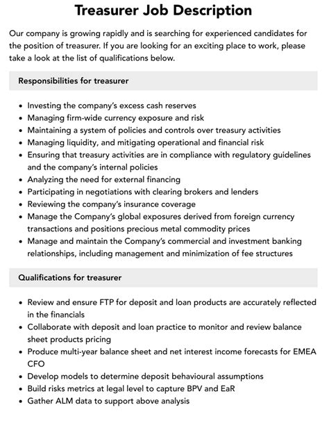 Treasurer Job Description | Velvet Jobs