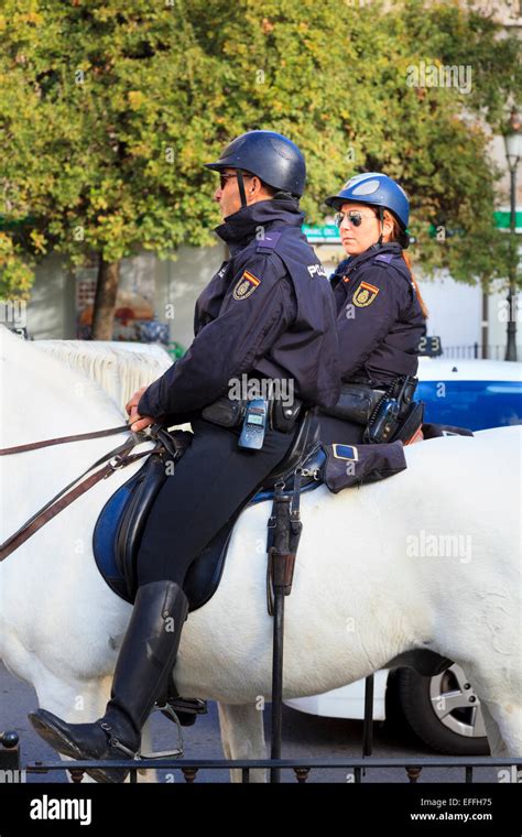 Two national mounted police officers on white horses in Valencia Spain ...