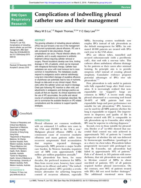 (PDF) Complications of indwelling pleural catheter use and their management