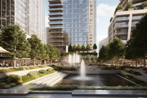AI商业广场：A bustling city plaza with modern high-rises, greenery on ...