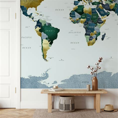 World Map Green Blue wallpaper - Free shipping | Happywall