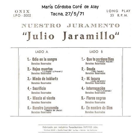 MUSICOTECA ALAY: JULIO JARAMILLO - NUESTRO JURAMENTO (1962) LP