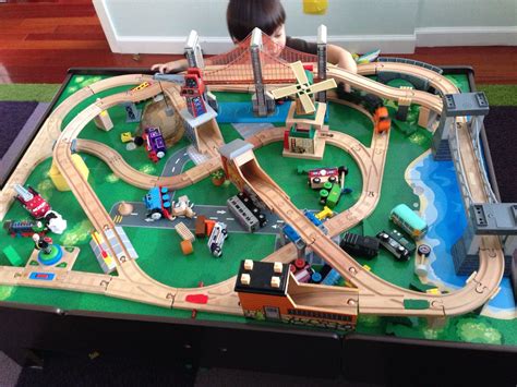 Our most advanced layout ever. Multiple bridges, interlocking paths. | Wooden train set, Wooden ...