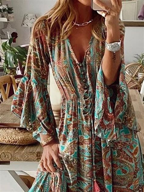 New Women Chic Plus Size Vintage Boho Hippie Shift Holiday Floral 3/4 Sleeve Weaving Dress | stylewe