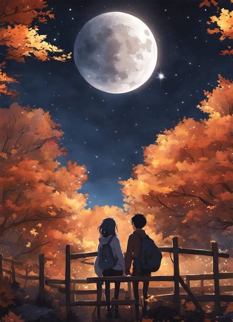 Cute couple stargazing under the full moon in autumn | Sky anime, Cute couple wallpaper, Love ...