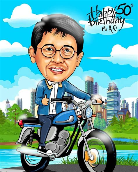 a cartoon caricature of a man on a motorcycle in front of a cityscape