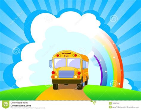 a school bus driving down the road with a rainbow in the background