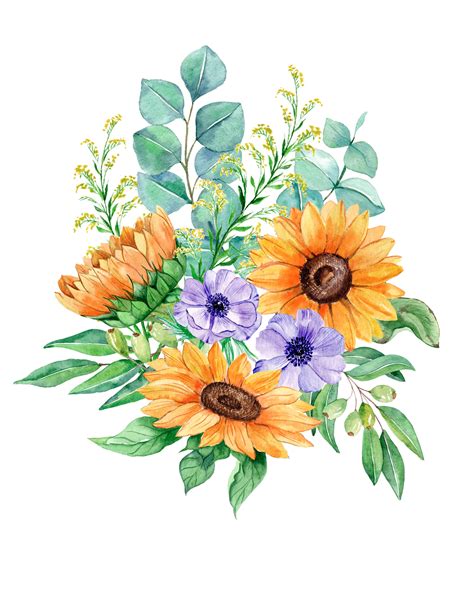 Sunflowers Watercolor Clip Art, Realistic Flower, Summer Herb, Floral Invitation, Greeting Cards ...