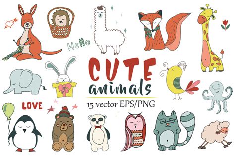 Cute animals Hand drawn doodle Vector Set By EvgeniiasArt | TheHungryJPEG