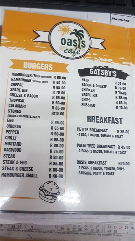 Menu at Oasis Cafe, Mossel Bay