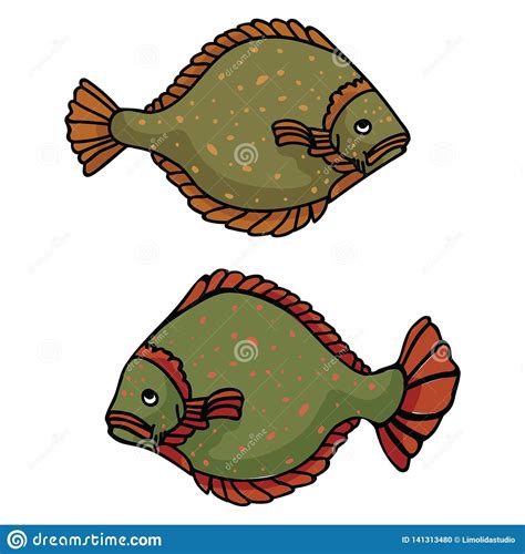 Realistic Flounder Cartoon Vector Illustration Motif Set. Hand Drawn Halibut Stock Vector ...