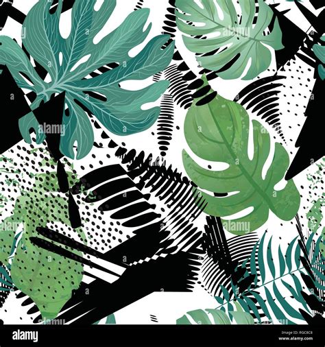 Floral seamless pattern. Tropical leaves tile art drawing background. Abstract dotted wallpaper ...