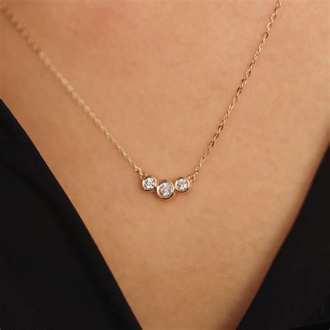 Diamond Necklace, Trio Diamond Pendant Necklace, 14K Gold Diamond Necklace, 3 Bezel Diamond ...